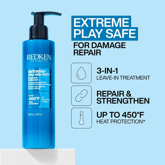 Redken |Play Safe Extreme, Trattamento Termoprotettivo Senza Risciacquo per Capelli Danneggiati, 200 Ml