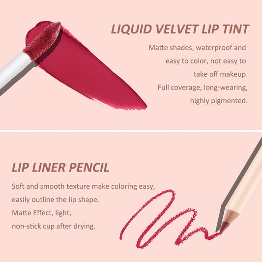 Rossetto Liquido Opaco E Matita Linea Labbra, Nudo Rosso Trucco Labbra Longwear Impermeabile Penne Lipliner E Velluto Macchia Labbra Lucidalabbra Liscio Labbra Make up Set Regalo (#10)