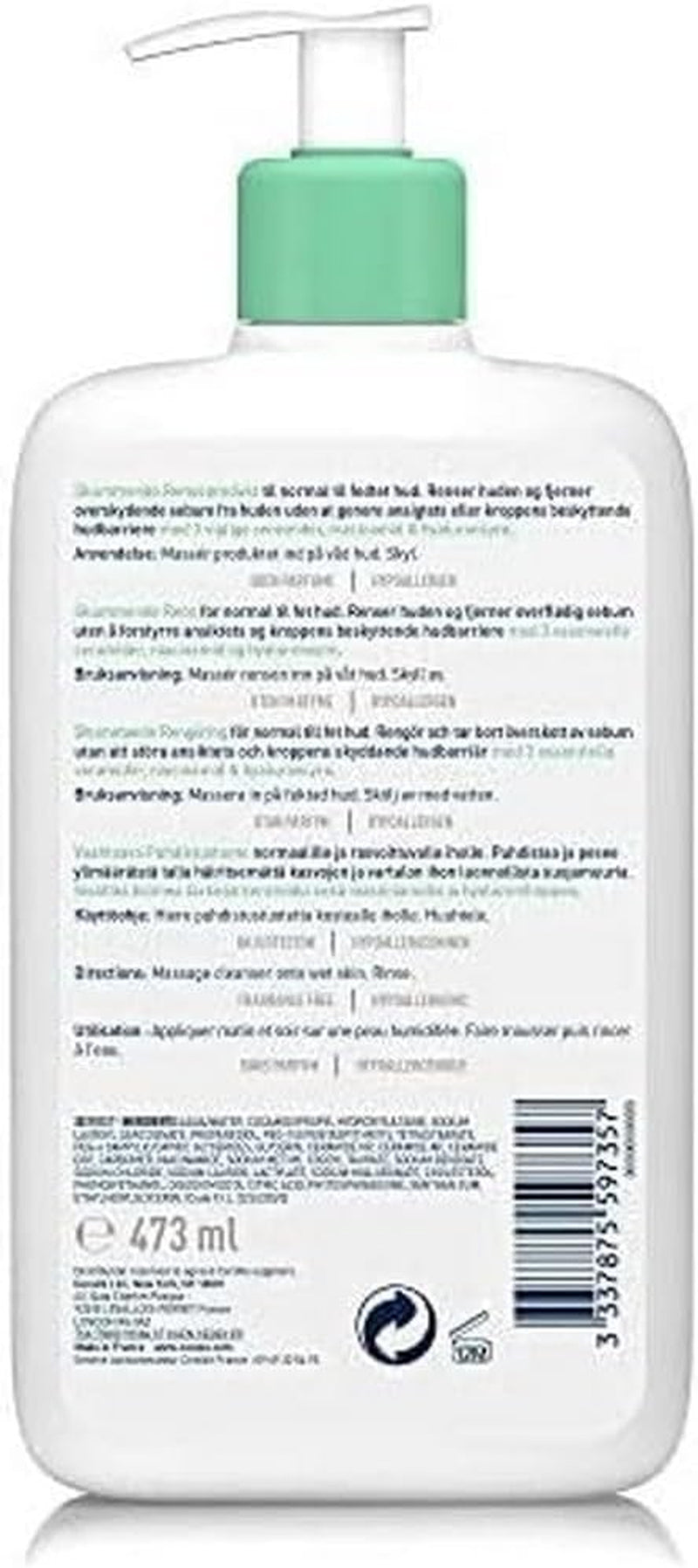 Cerave Schiuma Detergente, per Viso E Corpo, per Pelli Da Normali a Grasse, Azione Seboregolatrice, Pelle Detersa E Idratata, Con Niacinamide E 3 Ceramidi Essenziali, 2 X 473 Ml