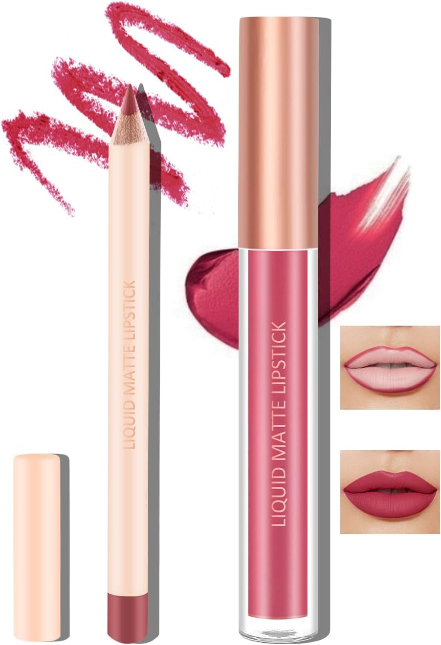 Rossetto Liquido Opaco E Matita Linea Labbra, Nudo Rosso Trucco Labbra Longwear Impermeabile Penne Lipliner E Velluto Macchia Labbra Lucidalabbra Liscio Labbra Make up Set Regalo (#10)