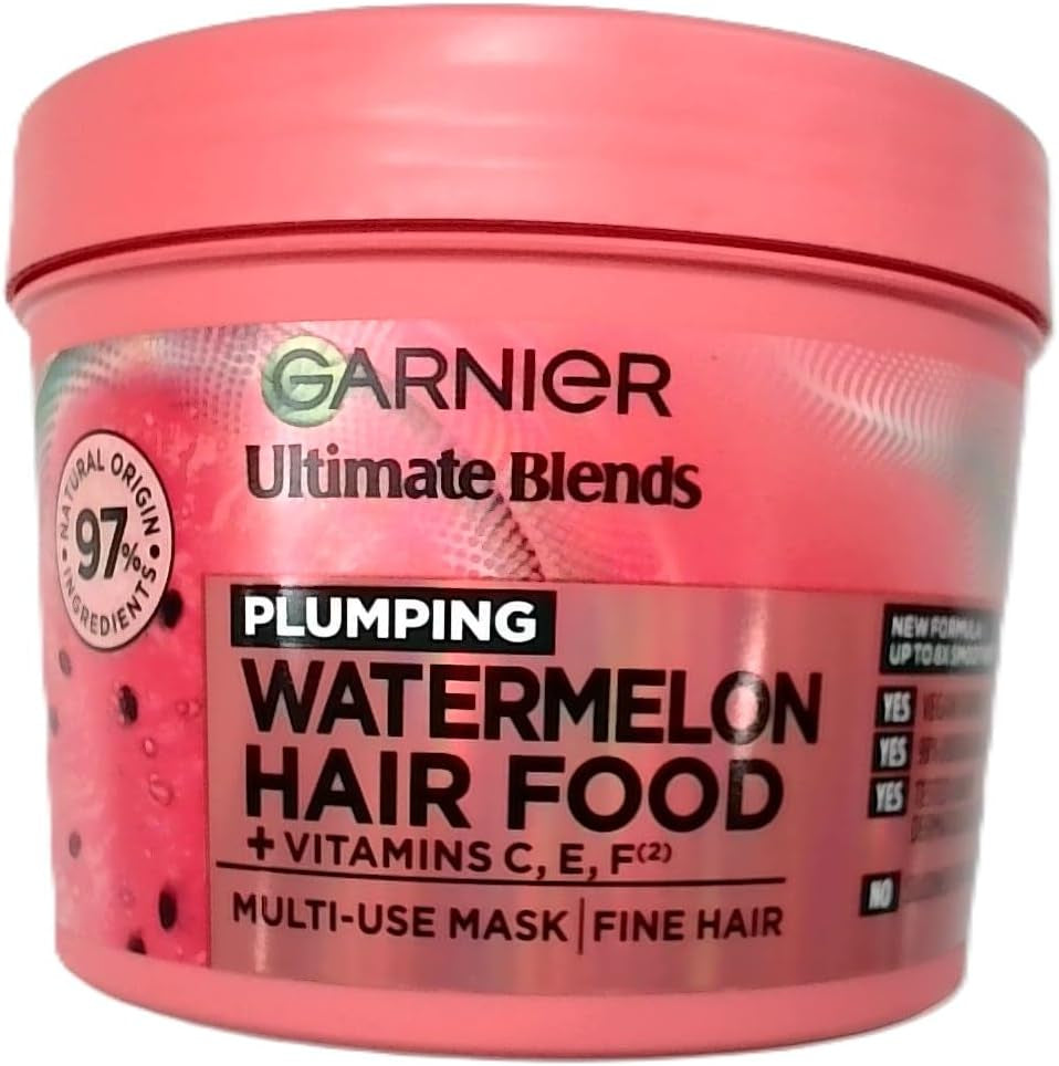 Hair Food - Maschera per Capelli Fini 3 in 1, 4 Volte Più Rimpolpati, per Capelli Fini, Senza Silicone, Formula Vegana, Anguria, Miscele Finali, 400 Ml (La Confezione Può Variare)