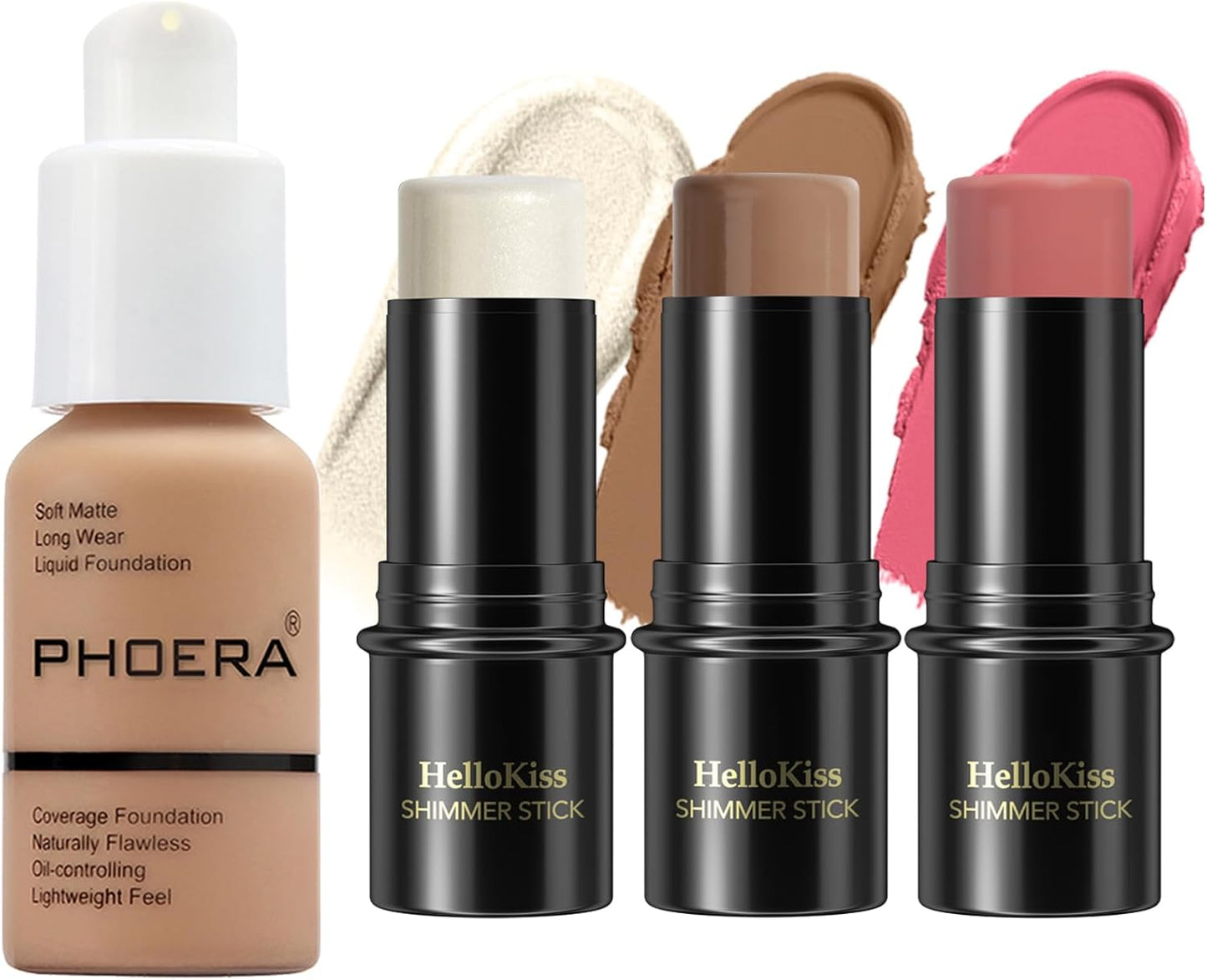 PHOERA - Set Di 3 Fondotinta, Colori Con Stick Evidenziatore, Bastone Fard E Contorno Bronzo (105+ Medium Contour/Sand+#04,#07,#14, 130 G (Confezione Da 1))