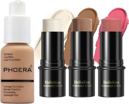 PHOERA - Set Di 3 Fondotinta, Colori Con Stick Evidenziatore, Bastone Fard E Contorno Bronzo (105+ Medium Contour/Sand+#04,#07,#14, 130 G (Confezione Da 1))
