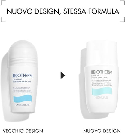 BIOTHERM, Deo Pure Invisible Roll-On, Deodorante Roll-On Antitraspirante, Efficace Fino a 48H, anti Macchie Bianche E Gialle Sui Vestiti, 75Ml