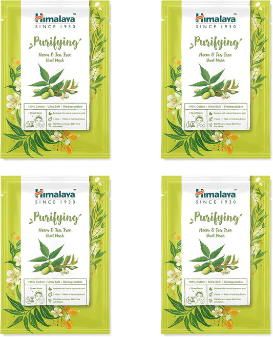 Maschera Purificante per Neem E Albero Del Tè, Maschera Monouso in Cotone, Antiossidante, Ricca Di Pelle Chiara E Rinfrescata, Con Acido Ialuronico per Un'Idratazione Intensa, 4 Pezzi