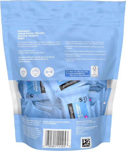 Makeup Remover Cleansing Towelette Singles, Daily Face Wipes to Remove Dirt, Oil, Makeup & Waterproof Mascara, Individually Wrapped, 20 Count