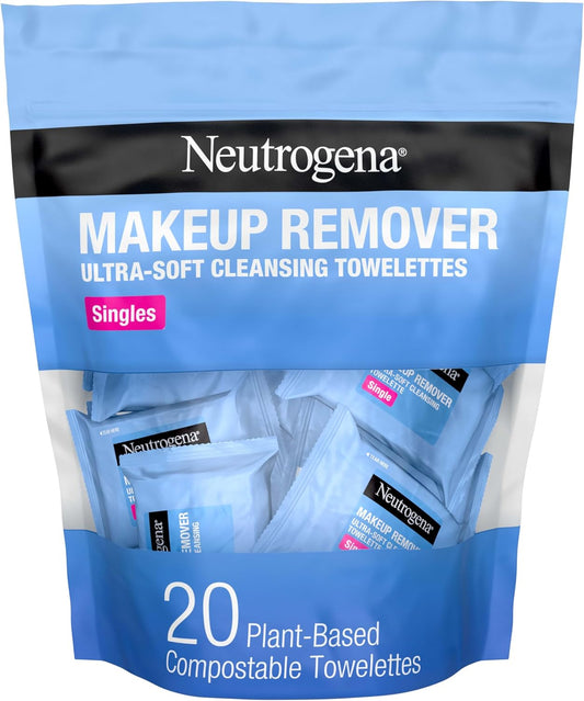 Makeup Remover Cleansing Towelette Singles, Daily Face Wipes to Remove Dirt, Oil, Makeup & Waterproof Mascara, Individually Wrapped, 20 Count