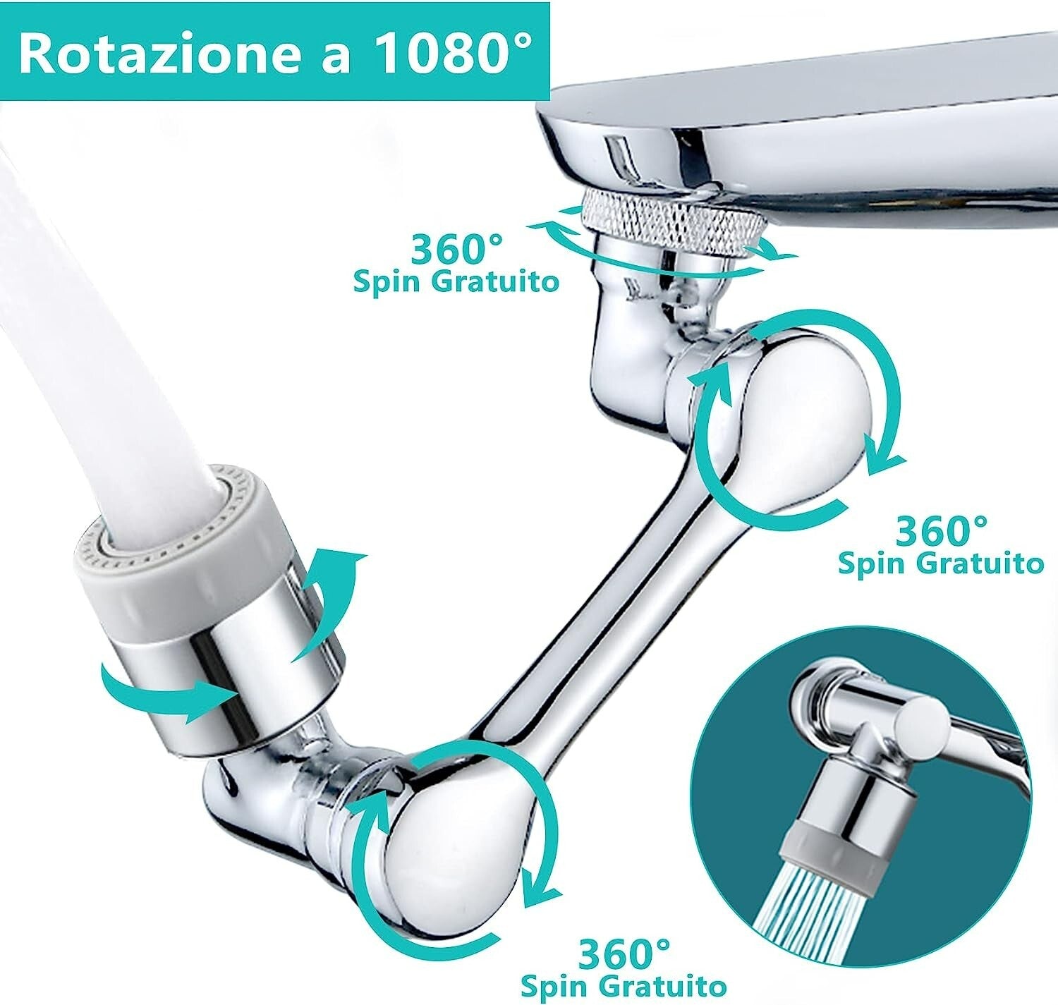 Rubinetto Rotante 1080 Gradi Prolunga Snodabile Girevole Aeratore Doccetta Filtr